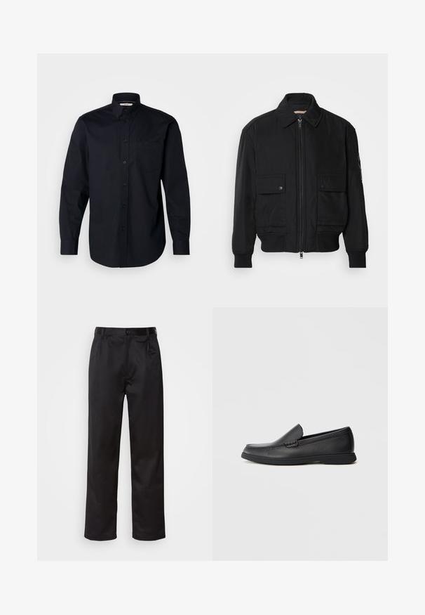 Črna bomberska jakna iz gladkega, lahkega materiala. Ima zadrgo spredaj, dva žepa na prsih s preklopom in rebraste manšete.; Esprit SOLID SHIRT SLIM FIT - Srajca - black; Črne hlače iz gladkega materiala, ki imajo sprednjo zaponko, naborke in ravne noge. Brez vidnih vzorcev ali okraskov.; Črne usnjene natikače s teksturirano zgornjimi deli, zaobljenim prstom, nizkim petkam in gumijastim podplatom, prikazane v bočnem profilu na belem ozadju.