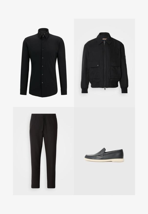 Čierna bomber bunda vyrobená z hladkej, ľahkej látky. Má zips na prednej strane, dve gombíkové vrecká na hrudi a ribbované manžety.; Čierna košeľa s dlhým rukávom vyrobená z hladkej látky, s predným zapínaním na gombíky, golierom a upraveným strihom s jemnými detailmi v šití.; Čierne jogger nohavice vyrobené z hladkej tkaniny. Majú elastický pás s šnúrkou, zúžené nohavice a žiadne viditeľné vrecká. Jednoduchý dizajn.; Čierne kožené slip-on mokasíny s textúrovaným povrchom a kontrastnou béžovou gumovou podrážkou. Obsahujú jemný akcent pozdĺž prednej časti.