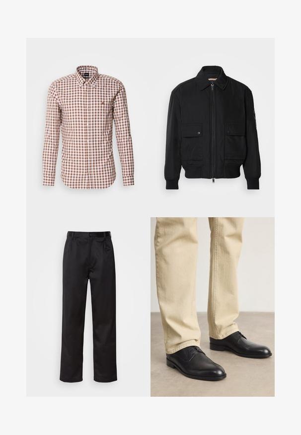 Juodas bomber stiliaus švarkas, pagamintas iš sklandaus, lengvo audinio. Su užtrauktuku priekyje, dviem kišenėmis su sagomis ant krūtinės ir guma apykaklėje.; Ruda ir balta langelinė ilgomis rankovėmis marškiniai su mygtukų apykakle ir siuvinėtu logotipu ant krūtinės. Medvilnės audinio tekstūra.; Juodi kelniukai, pagaminti iš lygaus audinio, su užsegimu priekyje, raukšlėmis ir tiesiomis kojomis. Nėra matomų raštų ar akcentų.; Juodos odinės bateliai su raišteliais, su apvaliu pirštu, lygia danga ir subtiliomis siuvimo detalėmis, dėvimi su šviesiai smėliniais kelnėmis.