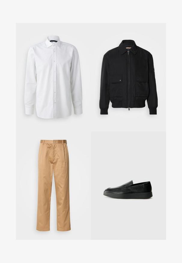 Melnā bomber jaka, izgatavota no gludas, vieglas auduma. Ar rāvējslēdzēju priekšā, diviem pogājamiem krūšu kabatām un ribotām piedurknēm.; Balta garām piedurknēm izgatavota kokvilnas krekla. Tam ir klasiskā apkakle, pogājama priekšpuse un gluda tekstūra ar smalku spožumu.; Khaķi bikses, kokvilnas maisījums, taisna kāja, priekšējās krokas, jostas cilpas un pogu aizdare. Gluda tekstūra bez rakstiem.; Calvin Klein HYBRID CUP - Mokasīni - triple black