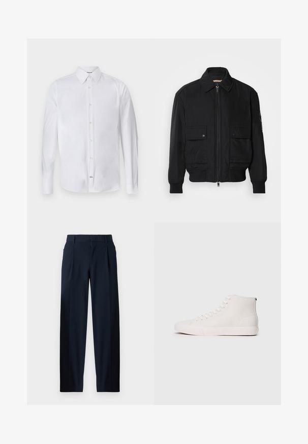 Juodas bomber stiliaus švarkas, pagamintas iš sklandaus, lengvo audinio. Su užtrauktuku priekyje, dviem kišenėmis su sagomis ant krūtinės ir guma apykaklėje.; Balta ilga rankovė marškiniai, pagaminti iš lygaus audinio, su klasikiniu apykakliu ir priekinėmis sagomis, minimalistiško dizaino.; Tamsiai mėlyni kelnių su lygiu paviršiumi, plačiomis kojomis, priekiniais raukiniais, diržo kilpelėmis ir užtrauktuku. Tinka tiek formaliam, tiek kasdieniam dėvėjimui.; Balti aukšti sportbačiai iš džinsinio audinio su tekstūruotu paviršiumi, turintys baltas akutes ir guminiu padu. Paprastas dizainas su kontrastinėmis siuvimo linijomis.