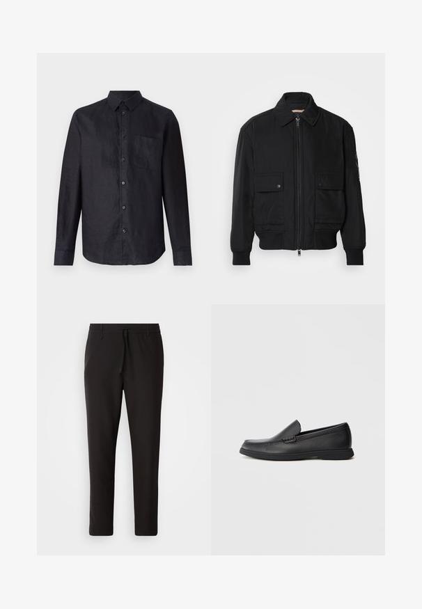 Giacca bomber nera realizzata in tessuto morbido e leggero. Caratterizzata da una chiusura con zip frontale, due tasche sul petto con bottone e polsini a costine.; Camicetta nera a maniche lunghe in tessuto testurizzato, con chiusura a bottoni, colletto classico e una tasca applicata sul lato sinistro del petto.; Pantaloni jogger neri realizzati in tessuto liscio. Presentano una vita elasticizzata con stringa, gambe affusolate e senza tasche visibili. Design semplice.; Mocassino slip-on in pelle nera con sopra testurizzato, punta arrotondata, tacco basso e suola in gomma, mostrato in profilo laterale su sfondo bianco.