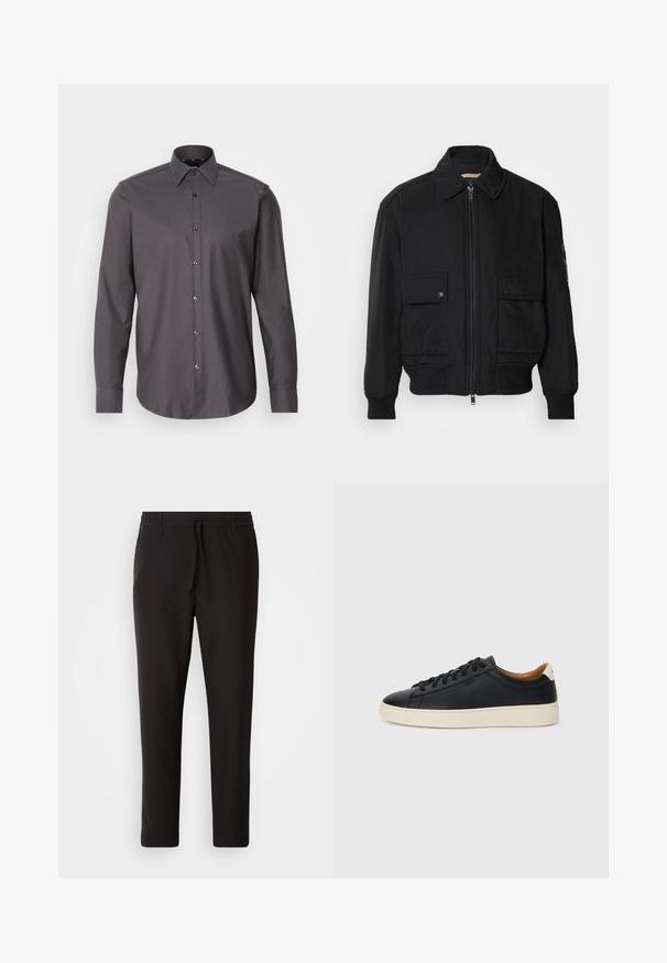 Juodas bomber stiliaus švarkas, pagamintas iš sklandaus, lengvo audinio. Su užtrauktuku priekyje, dviem kišenėmis su sagomis ant krūtinės ir guma apykaklėje.; Tamsiai pilka marškinėlių palaidinė su ilgomis rankovėmis, apykakle ir mažu tekstūriniu raštu. Pasižymi blizgiomis sagomis ir apvaliu kraštu.; Juodi džinsai, pagaminti iš lygaus audinio. Yra elastinė juosmens juosta su raišteliu, siaurėjantys džinsai, be matomų kišenių. Paprastas dizainas.; Juodos odinės sportbačiai su lygiu paviršiumi, smėlio spalvos guminis padas, raišteliais užsegama konstrukcija ir kontrastingas kulno akcentas.