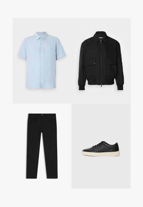 Giacca bomber nera realizzata in tessuto morbido e leggero. Caratterizzata da una chiusura con zip frontale, due tasche sul petto con bottone e polsini a costine.; Camicetta a maniche corte con bottoni in un motivo a quadri blu chiaro e bianco, realizzata in tessuto leggero, con colletto appuntito e patta frontale.; Pantaloni in denim nero con taglio dritto, dotati di vita standard, cinque tasche e chiusura con bottone. Texture liscia su tutta la superficie.; Sneaker in pelle nera a basso profilo con lacci neri e suola avorio, mostrato di profilo su sfondo bianco.