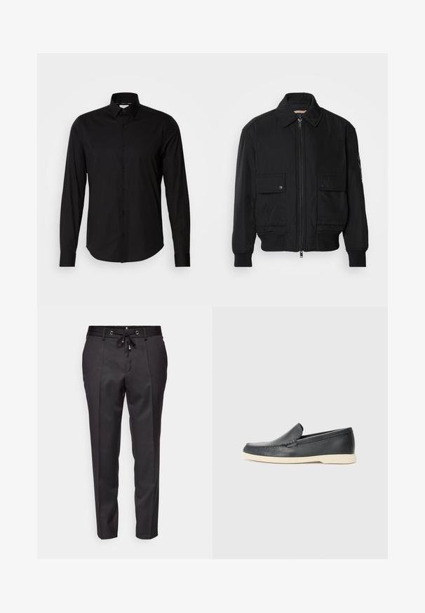 Černá bomber bunda vyrobená z hladkého, lehkého materiálu. Má zipový přední díl, dvě kapsy na hrudi s knoflíky a vroubkované manžety.; Černá košile s dlouhým rukávem vyrobená z hladké tkaniny. Má klasický límec, knoflíkovou légu a rovný lem. Bez vzorů nebo ozdob.; Černé kalhoty na míru s šňůrkovým pasem, sklady vpředu a zahnutečnými lemy. Vyrobeny z hladké tkaniny se strukturovaným střihem.; Černé kožené mokasíny na klínku s texturovaným povrchem a kontrastní béžovou gumovou podrážkou. Vyznačují se jemným akcentem podél přední části.