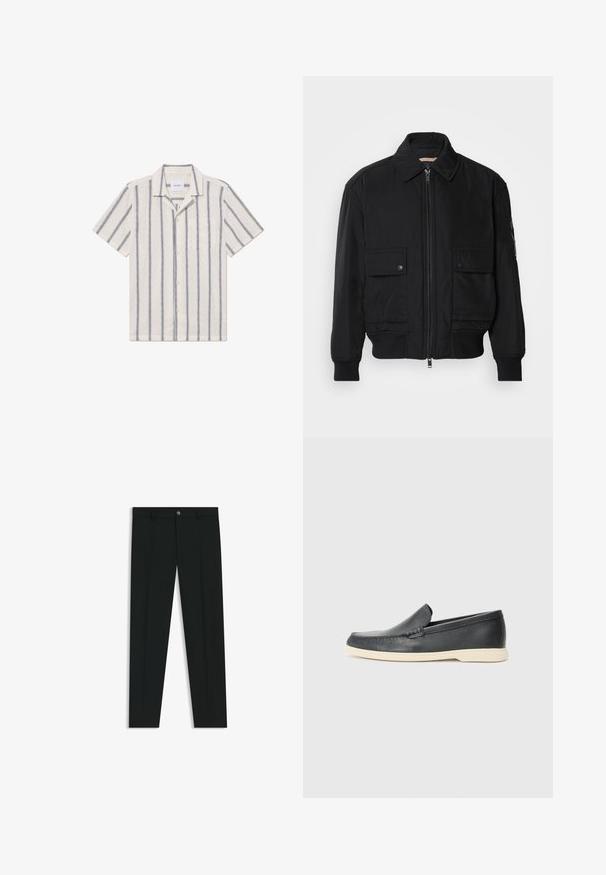 Schwarze Bomberjacke aus glattem, leichtem Stoff. Mit einem Reißverschluss vorne, zwei aufknöpfbaren Brusttaschen und gerippten Bündchen.; Kurzarmhemd aus leichtem beige Stoff mit dunkelblauen vertikalen Streifen, mit einer durchgehenden Knopfleiste und einer Brusttasche.; Schwarze Anzughosen mit geradem Bein, aus glattem Stoff. Mit Knopfverschluss vorne und Gürtelschlaufen. Schlicht ohne Muster.; Schwarze Leder-Slipper mit strukturiertem Finish und einer kontrastierenden beige Gummisohle. Mit einem dezenten Akzent an der Vorderseite.