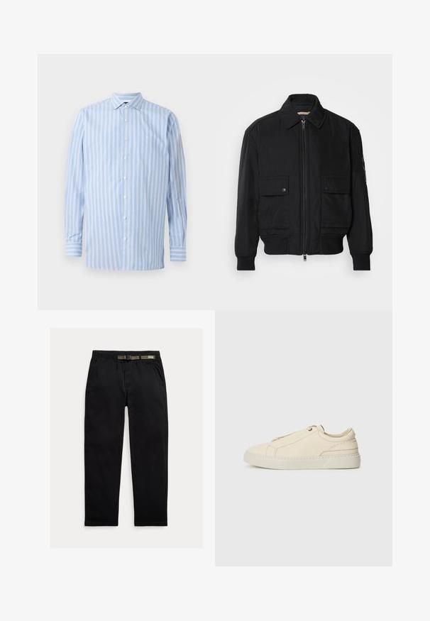 Juodas bomber stiliaus švarkas, pagamintas iš sklandaus, lengvo audinio. Su užtrauktuku priekyje, dviem kišenėmis su sagomis ant krūtinės ir guma apykaklėje.; Šviesiai mėlynas ilgos rankovės marškinis su vertikaliomis baltomis ir šviesiai mėlynomis juostelėmis, užsegamas mygtukais, su apykakle ir mažuoju siuvinėtu logotipu krūtinėje.; Juodos kelnės, pagamintos iš lengvo audinio, su elastinga juosta ir integruota žalia diržo dalimi, tiesaus kirpimo ir šonomis kišenėmis.; Kreminio odos sportbačiai su apvaliu nosiu, minimalistiniu dizainu, subtiliomis siuvimo detalėmis ir tekstūrine viršutine dalimi, ant šviesios pado.