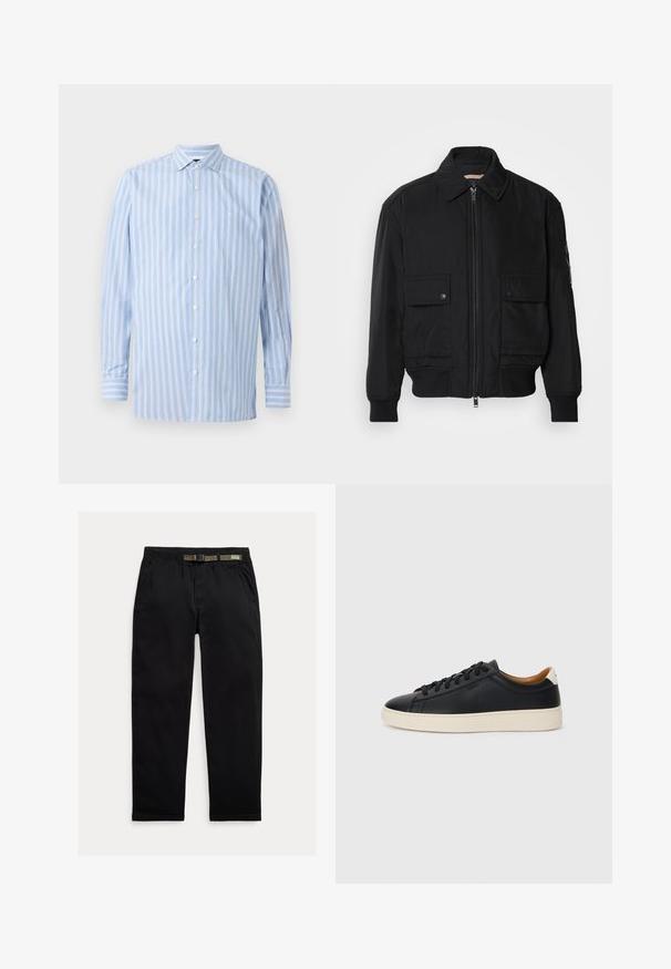 Juodas bomber stiliaus švarkas, pagamintas iš sklandaus, lengvo audinio. Su užtrauktuku priekyje, dviem kišenėmis su sagomis ant krūtinės ir guma apykaklėje.; Šviesiai mėlynas ilgos rankovės marškinis su vertikaliomis baltomis ir šviesiai mėlynomis juostelėmis, užsegamas mygtukais, su apykakle ir mažuoju siuvinėtu logotipu krūtinėje.; Juodos kelnės, pagamintos iš lengvo audinio, su elastinga juosta ir integruota žalia diržo dalimi, tiesaus kirpimo ir šonomis kišenėmis.; Juodos odinės sportbačiai su lygiu paviršiumi, smėlio spalvos guminis padas, raišteliais užsegama konstrukcija ir kontrastingas kulno akcentas.