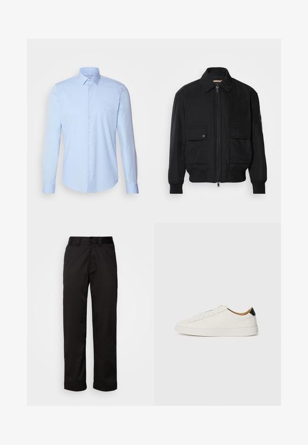 Črna bomberska jakna iz gladkega, lahkega materiala. Ima zadrgo spredaj, dva žepa na prsih s preklopom in rebraste manšete.; Svetlo modra srajca s kratkimi rokavi iz bombaža, s klasičnim ovratnikom, dolgimi rokavi in majhnim logotipom na prsih. Gladka tekstura.; Črne hlače iz gladkega blaga z zadrgo, gumbom za zapiranje in zavihanimi hlačnicami za sproščen videz.; Bela tenisa s gladkim usnjem, okroglo konico in ravnim podplatom. Črn poudarek na peti, s toniranim vezalkami in minimalnim označevanjem.