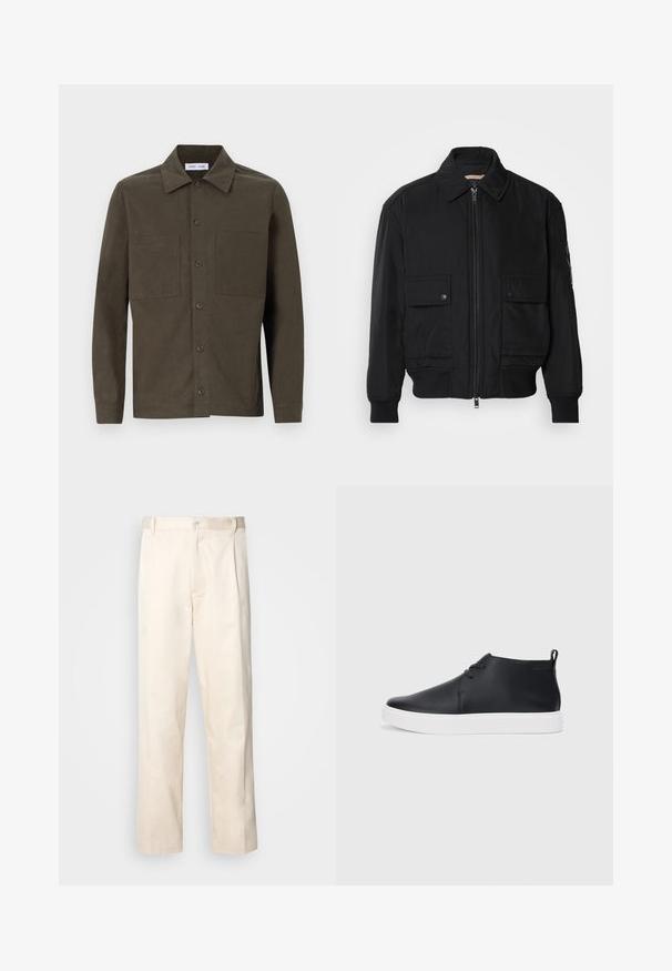 Fekete bomberdzseki sima, könnyű anyagból. Cipzáras elülső részével, két gombos mellzsebével és bordás mandzsettáival rendelkezik.; Sötétzöld, hosszú ujjú ing sima anyagból, hegyes gallérral, elől gombokkal és két mellzsebbel.; Beige pamut nadrág egyenes szárú kivágással, gombos záródással és elülső redőkkel a részletek fokozása érdekében.; Fekete bőr magas szárú sneakers, sima felülettel, fehér gumi talppal és egyszerű, fűzős dizájnnal. Hátul húzófül található.