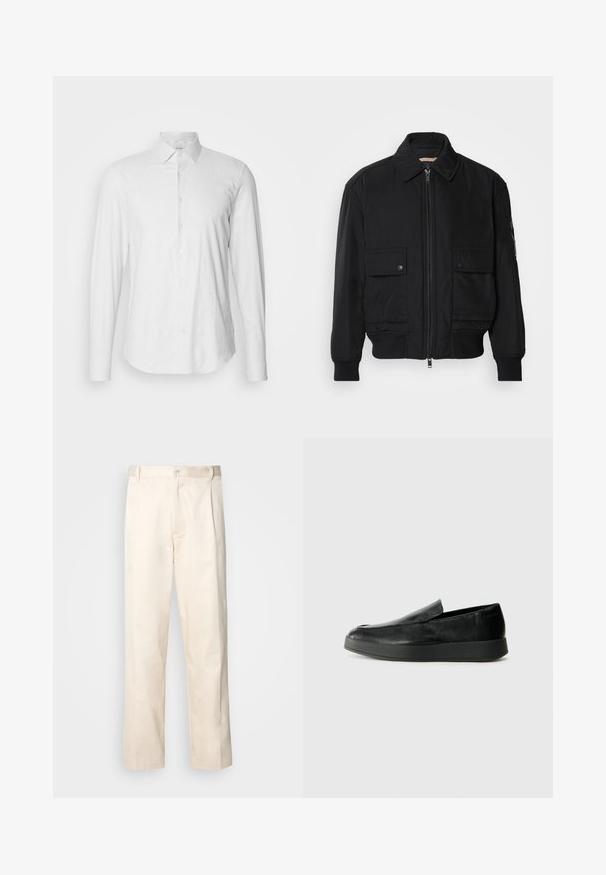 Jaqueta bomber preta feita de um tecido liso e leve. Apresenta um fecho zip à frente, dois bolsos no peito com botão e punhos canelados.; Camisa branca de botão de mangas longas com riscas verticais subtis, colarinho clássico e barras arredondadas, apresentando uma textura suave e um corte regular.; Calças de algodão bege com corte reto, apresentando um fecho de botão e pregas na frente para um detalhe adicional.; Calvin Klein HYBRID CUP - Sapatos sem atacadores - triple black