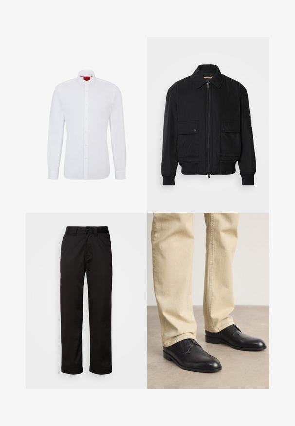 Black bomber jacket made of smooth, lightweight fabric. Features a zip front, two buttoned chest pockets, and ribbed cuffs.; White long-sleeve shirt made of cotton with a button-up front, classic collar, and subtle texture, featuring a red logo on the inside collar.; Black trousers made of smooth fabric, featuring a zip fly, button closure, and rolled cuffs for a casual design.; Black leather lace-up shoes with a rounded toe, smooth finish, and subtle stitching details, worn with light beige pants.