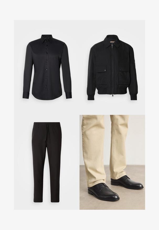 Černá bomber bunda vyrobená z hladkého, lehkého materiálu. Má zipový přední díl, dvě kapsy na hrudi s knoflíky a vroubkované manžety.; Černá košile na knoflíky vyrobená z hladké látky, s klasickým límečkem, dlouhými rukávy a zapínáním na knoflíky vpředu.; Černé teplákové kalhoty vyrobené z hladké látky. Mají elastický pas se šňůrkou, zúžené nohavice a žádné viditelné kapsy. Jednoduchý design.; Černé kožené šněrovací boty s kulatou špičkou, hladkým povrchem a jemnými švy, nošené s světlými béžovými kalhotami.