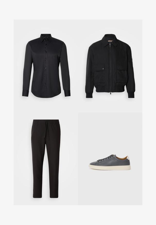 Černá bomber bunda vyrobená z hladkého, lehkého materiálu. Má zipový přední díl, dvě kapsy na hrudi s knoflíky a vroubkované manžety.; Černá košile na knoflíky vyrobená z hladké látky, s klasickým límečkem, dlouhými rukávy a zapínáním na knoflíky vpředu.; Černé teplákové kalhoty vyrobené z hladké látky. Mají elastický pas se šňůrkou, zúžené nohavice a žádné viditelné kapsy. Jednoduchý design.; Šedé kožené tenisky s kulatou špičkou, gumovou podrážkou, plochými tkaničkami a světlými akcenty na patě. Hladký povrch a minimalistický design.