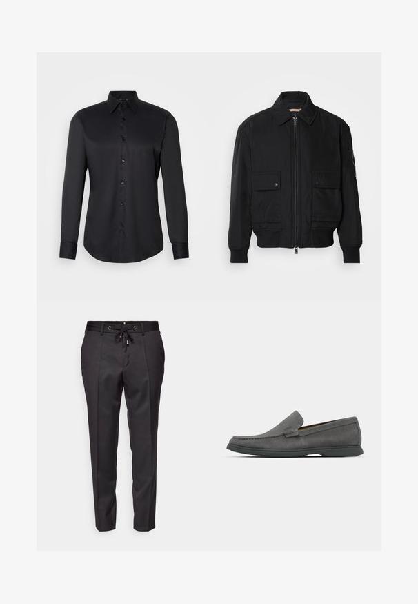 Juodas bomber stiliaus švarkas, pagamintas iš sklandaus, lengvo audinio. Su užtrauktuku priekyje, dviem kišenėmis su sagomis ant krūtinės ir guma apykaklėje.; Juodas marškiniai su mygtukais, pagaminti iš lygaus audinio, turintys klasikinį apykaklę, ilgomis rankovėmis ir mygtukų uždarymu priekyje.; Juodos prisiūtos kelnės su raišteliu juosmenyje, su plisuota priekiu ir sutrauktu apvadu. Pagamintos iš lygaus audinio, kuris suteikia struktūrizuotą siluetą.; Pilkos suedes loaferiai su apvalia nosimi, siuvinėjimo detalėmis ir žemu guminiu padu. Yra slip-on dizainas be matomų tvirtinimo detalių.