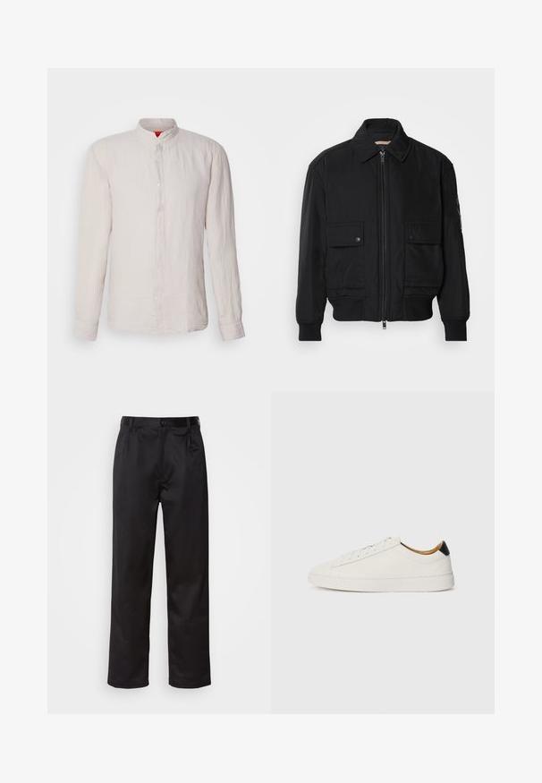 Črna bomberska jakna iz gladkega, lahkega materiala. Ima zadrgo spredaj, dva žepa na prsih s preklopom in rebraste manšete.; HUGO ELVORY - Srajca - light/pastel grey; Črne hlače iz gladkega materiala, ki imajo sprednjo zaponko, naborke in ravne noge. Brez vidnih vzorcev ali okraskov.; Bela tenisa s gladkim usnjem, okroglo konico in ravnim podplatom. Črn poudarek na peti, s toniranim vezalkami in minimalnim označevanjem.