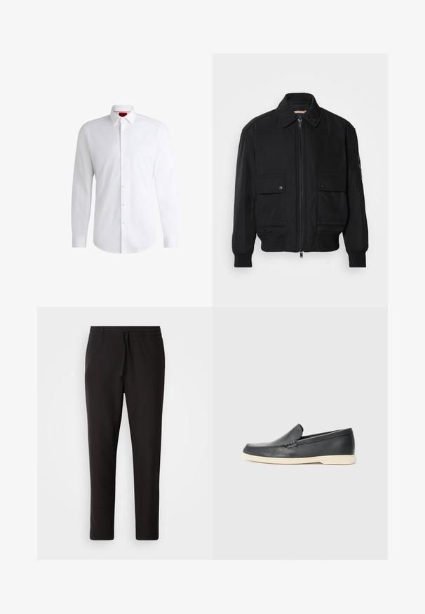 Must mustrakk musth kergestikuti kergemest kuduklett, kergete vestid valjase tormakate. Omab fasadi lukkumist, kahte nööbül pulsiv кофейня ning ribitud käiseid.; Valge nööbiga särk, mis on valmistatud siledast kangast, klassikalise krae, pikkade varrukate ja kaarduva äärega. Esiküljel on beežid nööbid.; Mustad jogger-püksid, mis on valmistatud siledast kangast. Omavad elastset pihaotsikut koos paelaga, kitsenevaid jalaosi ja nähtamatuid taskuid. Lihtne disain.; Must musta sussid mustast nahast, millel on tekstuuriga pind ja kontrastne beež kummitald. Ees on peen aktsent.