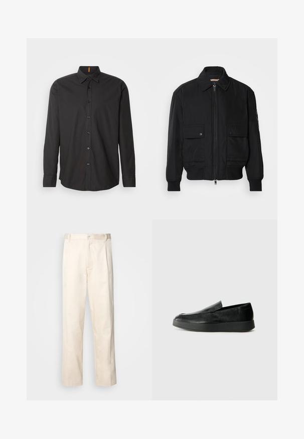 Melnā bomber jaka, izgatavota no gludas, vieglas auduma. Ar rāvējslēdzēju priekšā, diviem pogājamiem krūšu kabatām un ribotām piedurknēm.; Melna garās piedurknes krekls, izgatavots no viegla auduma. Tam ir pogām aizdare, priekšējās pogas un izšūts logo uz krūšu daļas.; Bežā krāsā auduma bikses ar taisnu kāju griezumu, pievienotām pogu aizdares un priekšējiem krokām papildu detaļām.; Calvin Klein HYBRID CUP - Čības - triple black