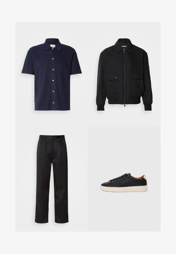 Juodas bomber stiliaus švarkas, pagamintas iš sklandaus, lengvo audinio. Su užtrauktuku priekyje, dviem kišenėmis su sagomis ant krūtinės ir guma apykaklėje.; Tamsiai mėlynas trumpomis rankovėmis polo marškinėliai su klasikiniu apykakle, turintis sagų uždarymą ir mažą, siuvinėtą logotipą krūtinėje.; Juodi kelniukai, pagaminti iš lygaus audinio, su užsegimu priekyje, raukšlėmis ir tiesiomis kojomis. Nėra matomų raštų ar akcentų.; Juodos odinės sportbačiai su lygiu paviršiumi, smėlio spalvos guminis padas, raišteliais užsegama konstrukcija ir kontrastingas kulno akcentas.
