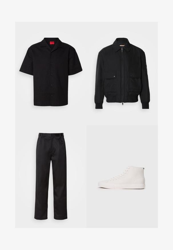Črna bomberska jakna iz gladkega, lahkega materiala. Ima zadrgo spredaj, dva žepa na prsih s preklopom in rebraste manšete.; Srajca na kratke rokave črna z gumbi in teksturiranim vzorcem, z rahlo koničastim ovratnikom in blagovno znamko v rdeči barvi, ki vsebuje vidne gumbke vzdolž zapenjanja.; Črne hlače iz gladkega materiala, ki imajo sprednjo zaponko, naborke in ravne noge. Brez vidnih vzorcev ali okraskov.; Beleinasti čevlji v beli platnu z teksturirano površino, z belimi luknjicami in gumijastim podplatom. Preprost dizajn s kontrastnimi šivi.