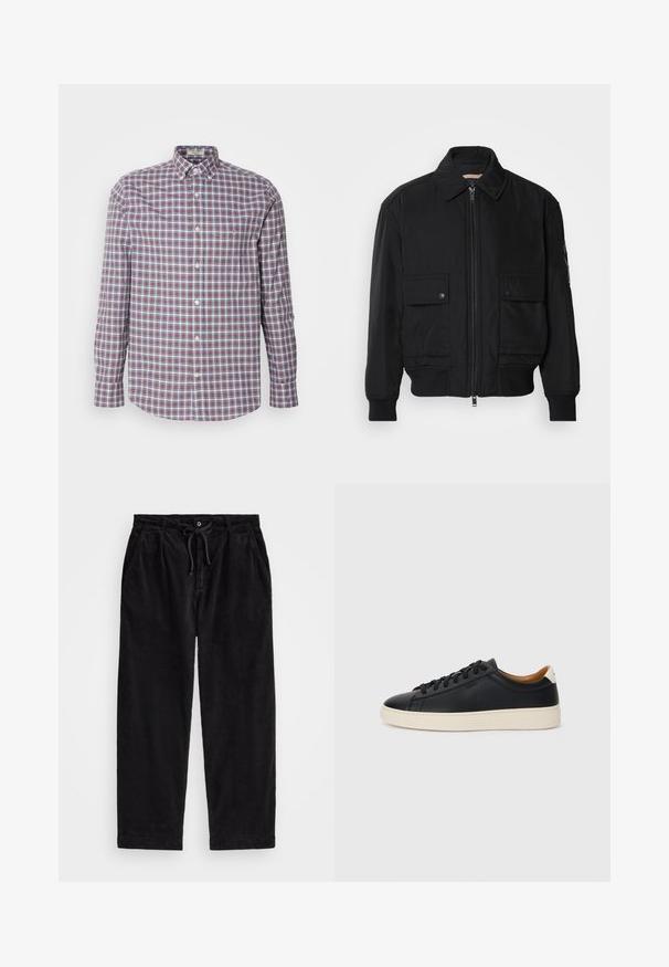 Fekete bomberdzseki sima, könnyű anyagból. Cipzáras elülső részével, két gombos mellzsebével és bordás mandzsettáival rendelkezik.; Kockás, beteg gombos ing vörös, kék és fehér színekben. Pamutból készült, hosszú ujjú és kerekített aljú.; Fekete kordbársonyfelső nadrág laza szabással, rugalmas derékpánttal és húzózsinórral, valamint oldalsó zsebekkel. Az anyag bordás textúrájú.; Fekete bőr sportcipők sima felülettel, bézs gumitalppal, fűzős dizájnnal és kontrasztos sarkú akcentussal.