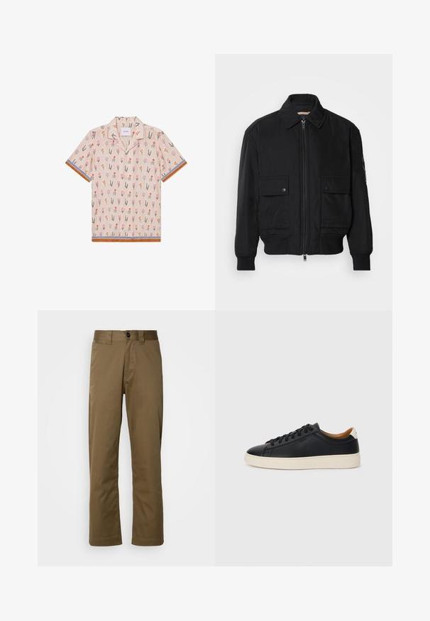 Čierna bomber bunda vyrobená z hladkej, ľahkej látky. Má zips na prednej strane, dve gombíkové vrecká na hrudi a ribbované manžety.; Krátky rukáv košele béžovej farby s kvetinovým vzorom, ktorý obsahuje ilustrácie v ružovej, oranžovej a zelenej farbe. Doplnkované pruhovými modrými a hnedými detailami.; Hnedé nohavice rovného strihu vyrobené z tkaného materiálu. Obsahujú zapínanie na gombík, bočné vrecká a hladký povrch. Prispôsobený strih.; Čierne kožené tenisky s hladkou textúrou, béžová gumová podrážka, viazanie a kontrastný akcent na päte.