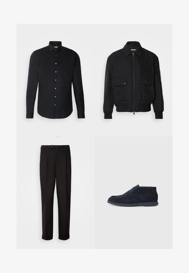 Fekete bomberdzseki sima, könnyű anyagból. Cipzáras elülső részével, két gombos mellzsebével és bordás mandzsettáival rendelkezik.; Fekete hosszú ujjú ing, gombos gallérral, elöl gombokkal, egyenes szegéllyel és sima textúrával; diszkrét logóval a mellkason.; Fekete nadrág sima textúrával, egyenes szabással, két elülső zsebbel és egy gombbal zárható derékkal.; Tengerészeti velúr chukka csizma kerek orral és varrott részletekkel. Simító gumi talppal és minimalista dizájnnal rendelkezik, amelyen nincs látható márkajelzés.