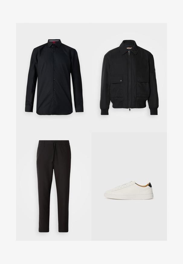 Čierna bomber bunda vyrobená z hladkej, ľahkej látky. Má zips na prednej strane, dve gombíkové vrecká na hrudi a ribbované manžety.; Čierna košeľa s dlhým rukávom vyrobená z hladkej tkaniny. Má zapínanie na gombíky, klasický golier a jemné švy. Spevnené manžety.; Čierne jogger nohavice vyrobené z hladkej tkaniny. Majú elastický pás s šnúrkou, zúžené nohavice a žiadne viditeľné vrecká. Jednoduchý dizajn.; Biele tenisky s hladkým koženým zvrškom, okrúhlou špičkou a plochou podrážkou. Čierny detail na päte, s tonálnym viazaním a minimálnym brandingom.