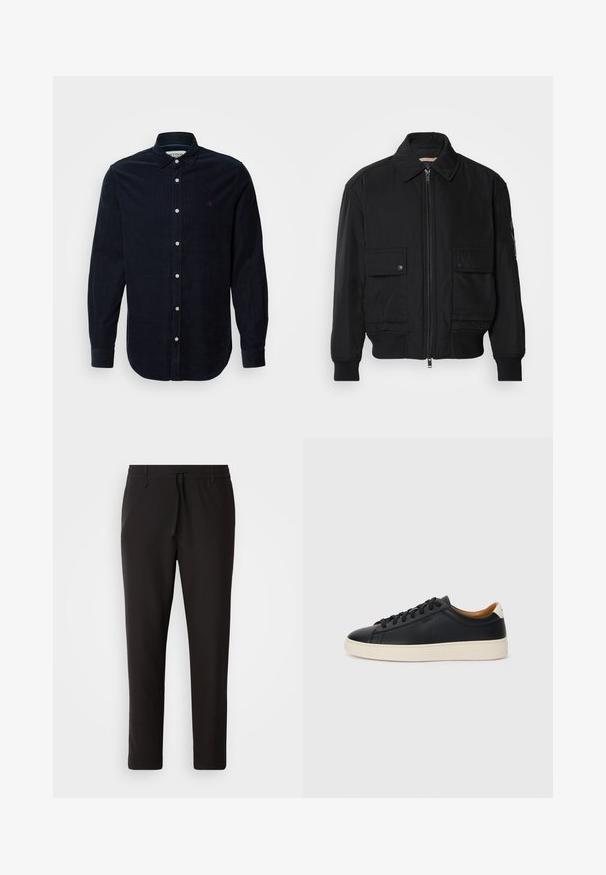 Fekete bomberdzseki sima, könnyű anyagból. Cipzáras elülső részével, két gombos mellzsebével és bordás mandzsettáival rendelkezik.; Tengerészszínű corduroy ing hosszú ujjakkal, gombos gallérral és elülső gombos zárással. Az ing melletén egy kis hímzett logó található.; Fekete jogger nadrág sima anyagból. Rugalmas derekú, húzózsinórral, tapered lábakkal és látható zsebek nélkül készül. Egyszerű dizájn.; Fekete bőr sportcipők sima felülettel, bézs gumitalppal, fűzős dizájnnal és kontrasztos sarkú akcentussal.