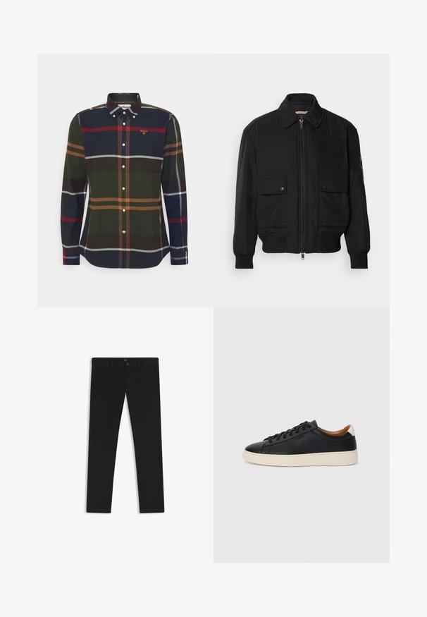 Zwarte bomberjack gemaakt van soepel, lichtgewicht materiaal. Voorzien van een ritssluiting aan de voorkant, twee knoopsluitingen op de borstzakken en geribbelde manchetten.; Langarm geruit overhemd in donker groen, marineblauw, rood en oranje tinten. Heeft een button-down kraag, een logo op de borst en witte knopen. Van katoen.; Zwarte broek van stof met een gladde textuur. Bevat een knoopsluiting, riemlussen en zijzakken. Standaard straight-leg ontwerp.; Zwarte leren sneakers met een gladde textuur, beige rubberen zool, vetersluiting en een contrasterende hielaccent.