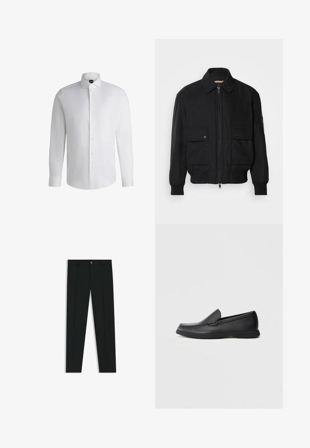 Zwarte bomberjack gemaakt van soepel, lichtgewicht materiaal. Voorzien van een ritssluiting aan de voorkant, twee knoopsluitingen op de borstzakken en geribbelde manchetten.; Witte lange mouwen shirt van soepel katoen, met een klassieke kraag, volledige knoopsluiting en knoopmanchetten. Minimalistisch ontwerp.; Zwarte dresspants met een recht pasvorm, gemaakt van een gladde stof. Heeft een sluiting met een knoop aan de voorkant en ceintuurlussen. Effen zonder patronen.; Zwarte leren instaploafer met een textuur bovenwerk, ronde neus, lage hak en rubberen zool, weergegeven in zijprofiel op een witte achtergrond.
