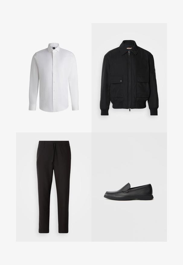 Černá bomber bunda vyrobená z hladkého, lehkého materiálu. Má zipový přední díl, dvě kapsy na hrudi s knoflíky a vroubkované manžety.; Bílá košile s dlouhým rukávem vyrobená z hladké bavlny, s klasickým límcem, plným zapínáním na knoflíky a knoflíkovými manžetami. Minimalistický design.; Černé teplákové kalhoty vyrobené z hladké látky. Mají elastický pas se šňůrkou, zúžené nohavice a žádné viditelné kapsy. Jednoduchý design.; Černé kožené slip-on mokasíny s texturovaným svrškem, zaoblenou špičkou, nízkým podpatkem a gumovou podrážkou, zobrazené v bočním profilu na bílém pozadí.