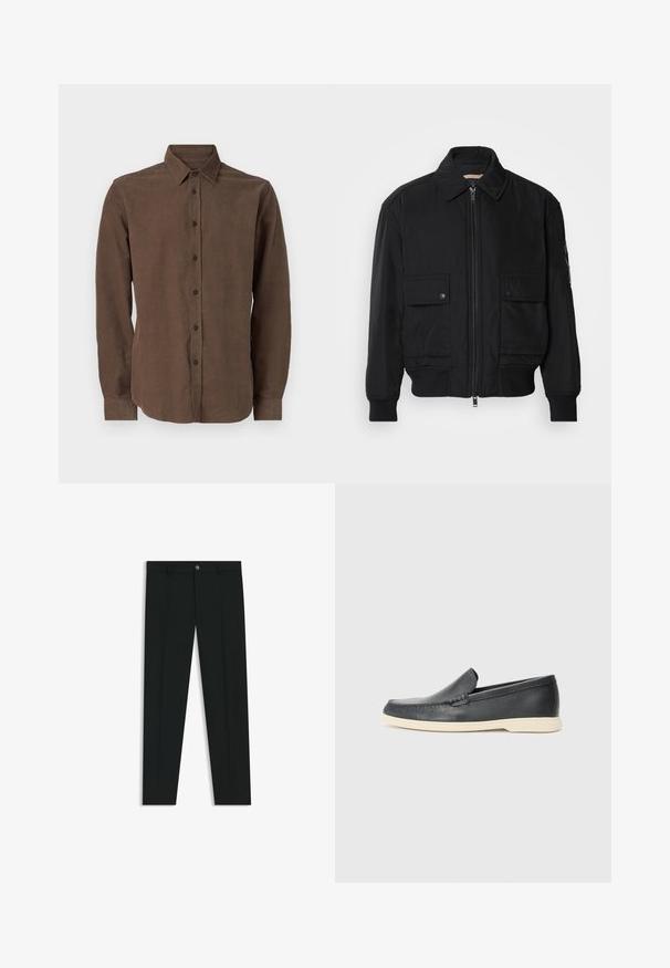 Black bomber jacket made of smooth, lightweight fabric. Features a zip front, two buttoned chest pockets, and ribbed cuffs.; Brown long-sleeve shirt made from a textured fabric, featuring a classic collar and button closure along the front.; Black dress pants with a straight-leg design, made of smooth fabric. Features a front button closure and belt loops. Plain without patterns.; Black leather slip-on loafers with a textured finish and a contrasting beige rubber sole. Features a subtle accent along the front.