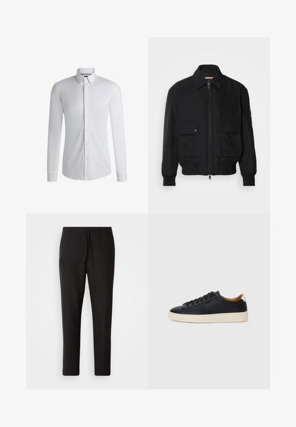 Melnā bomber jaka, izgatavota no gludas, vieglas auduma. Ar rāvējslēdzēju priekšā, diviem pogājamiem krūšu kabatām un ribotām piedurknēm.; Garā piedurkņu balts krekls, izgatavots no gluda auduma, ar pogājamu apkakli un pogu rindu priekšpusē. Vienkāršs dizains.; Melnas sporta bikses no gludas auduma. Tām ir elastīga josta ar auklu, sašaurinātas kājas un nav redzamu kabatu. Vienkāršs dizains.; Melni ādas sporta apavi ar gludu tekstūru, bēša krāsas gumijas zole, auklu aizdare un kontrastējošs papēža akcents.