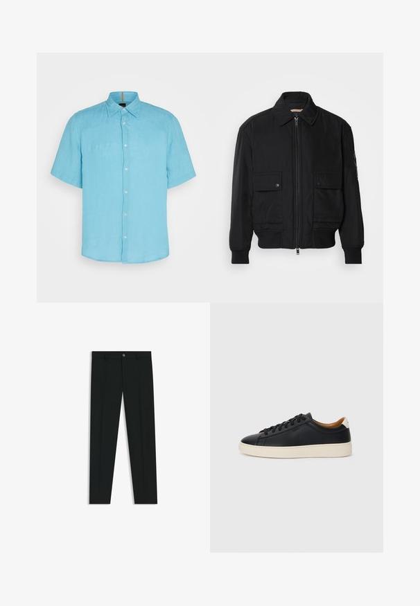 Chaqueta bomber negra de tejido suave y ligero. Cuenta con cierre de cremallera en la parte delantera, dos bolsillos en el pecho con botón y puños acanalados.; Camisa de lino de color azul claro con mangas cortas, que presenta un cierre de botones en la parte delantera, cuello puntiagudo y una textura sutil sin patrones ni acentos.; Pantalones de vestir negros con un diseño de pierna recta, hechos de una tela suave. Cuentan con un cierre frontal de botón y lazos para cinturón. Liso, sin patrones.; Zapatillas negras de cuero con una textura suave, suela de goma beige, diseño de cordones y un acento en el talón de color contrastante.