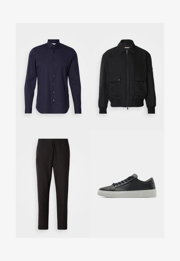 Črna bomberska jakna iz gladkega, lahkega materiala. Ima zadrgo spredaj, dva žepa na prsih s preklopom in rebraste manšete.; Modra srajca z dolgimi rokavi in klasičnim ovratnikom, zasnova v ožjem kroju. Narejena iz gladkega materiala z diskretnim logotipom na prsih.; Črne jogger hlače iz gladkega blaga. Imajo elastičen pas z vrvico, zožane hlačnice in brez vidnih žepov. Enostaven dizajn.; Črne usnjene teniske z gladko teksturo, okroglo konico in črnimi vezalkami. Imajo debel bel gumijast podplat s subtilnimi geometrijskimi poudarki.