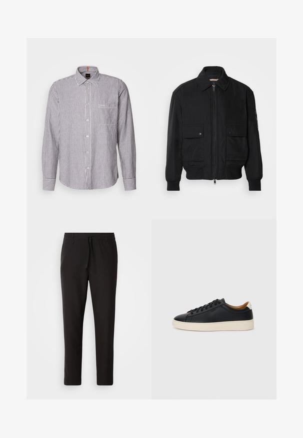 Giacca bomber nera realizzata in tessuto morbido e leggero. Caratterizzata da una chiusura con zip frontale, due tasche sul petto con bottone e polsini a costine.; Camicia a maniche lunghe con bottoni in strisce verticali bianche e grigie, caratterizzata da un colletto classico e una tasca sul petto. Il tessuto sembra testurizzato.; Pantaloni jogger neri realizzati in tessuto liscio. Presentano una vita elasticizzata con stringa, gambe affusolate e senza tasche visibili. Design semplice.; Sneakers in pelle nera con una texture liscia, suola in gomma beige, design con lacci e un accento del tacco in contrasto.