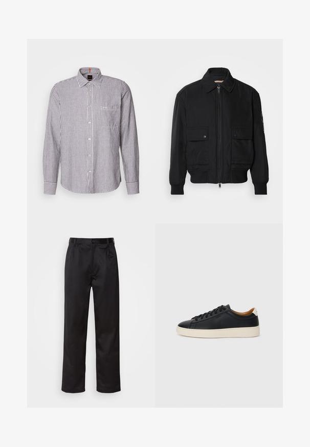 Zwarte bomberjack gemaakt van soepel, lichtgewicht materiaal. Voorzien van een ritssluiting aan de voorkant, twee knoopsluitingen op de borstzakken en geribbelde manchetten.; Langschild overhemd met knopen in wit en grijs verticale strepen, met een klassieke kraag en een enkele borstzak. Stof lijkt textuur te hebben.; Zwarte broek van een gladde stof, met een sluiting met een knoop aan de voorkant, plooien en rechte pijpen. Geen zichtbare patronen of accenten.; Zwarte leren sneakers met een gladde textuur, beige rubberen zool, vetersluiting en een contrasterende hielaccent.