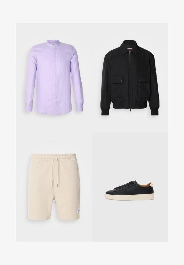Čierna bomber bunda vyrobená z hladkej, ľahkej látky. Má zips na prednej strane, dve gombíkové vrecká na hrudi a ribbované manžety.; Dlhý rukáv, košeľa na gombíky, vo svetlej levanduľovej ľanovej látke s vystuženým golierom a predným gombíkovým zapínaním. Hladká textúra s voľným strihom.; Krémové šortky vyrobené z textúrovanej látky. Majú elastický pás s šnúrkou a bočné vrecká. Malá nálepka na leme.; Čierne kožené tenisky s hladkou textúrou, béžová gumová podrážka, viazanie a kontrastný akcent na päte.