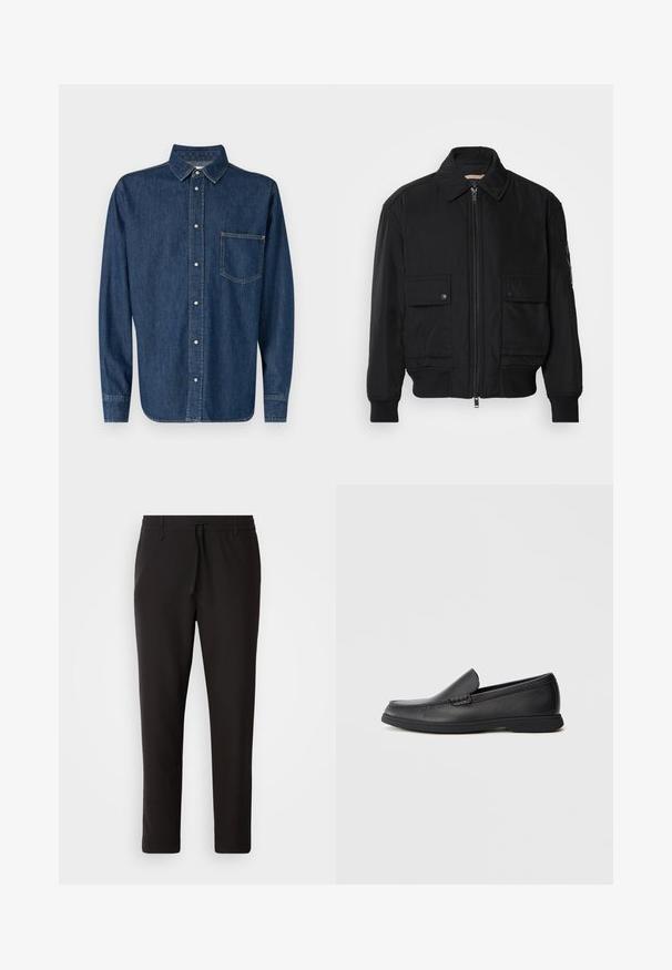 Veste bomber noire en tissu lisse et léger. Dotée d'une fermeture éclair à l'avant, de deux poches poitrines boutonnées et de poignets côtelés.; Chemise en denim bleu foncé avec des manches longues, devant à boutons et une poche poitrine unique. Présente un col classique et un ourlet droit.; Pantalons de jogging noirs en tissu lisse. Dotés d'une taille élastique avec cordon de serrage, jambes fuselées, et sans poches visibles. Design simple.; Mocassin noir en cuir à enfiler avec un dessus texturé, bout rond, talon bas et semelle en caoutchouc, présenté en profil latéral sur fond blanc.