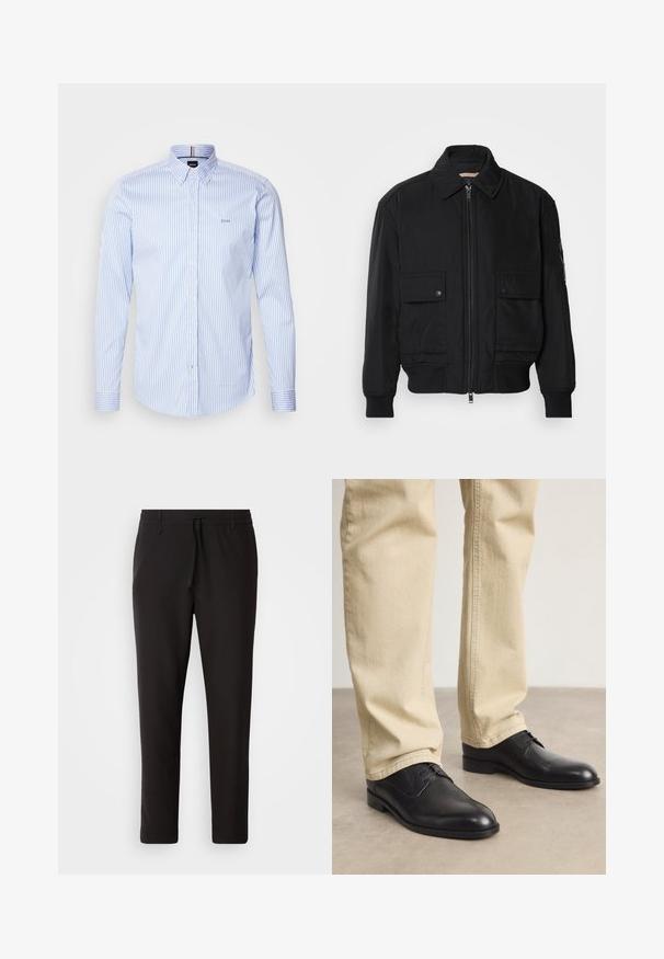 Juodas bomber stiliaus švarkas, pagamintas iš sklandaus, lengvo audinio. Su užtrauktuku priekyje, dviem kišenėmis su sagomis ant krūtinės ir guma apykaklėje.; Šviesiai mėlynos ir baltos juostelės ilgos rankovės marškiniai su apykakle, ant krūtinės esantis mažas logotipas ir sagos ant rankogalių.; Juodi džinsai, pagaminti iš lygaus audinio. Yra elastinė juosmens juosta su raišteliu, siaurėjantys džinsai, be matomų kišenių. Paprastas dizainas.; Juodos odinės bateliai su raišteliais, su apvaliu pirštu, lygia danga ir subtiliomis siuvimo detalėmis, dėvimi su šviesiai smėliniais kelnėmis.