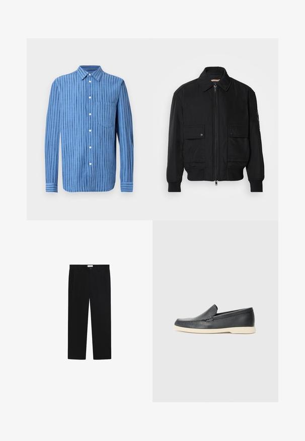 Zwarte bomberjack gemaakt van soepel, lichtgewicht materiaal. Voorzien van een ritssluiting aan de voorkant, twee knoopsluitingen op de borstzakken en geribbelde manchetten.; Blauw overhemd met lange mouwen en verticale zwarte strepen, voorzien van knopen en een borstzak aan de voorkant, getoond op een witte achtergrond.; Zwarte broek met een rechte pijp, voorzakken en een knoopsluiting. Gemaakt van een gladde stof met een elegante afwerking.; Zwarte leren instappers met een gestructureerde afwerking en een contrasterende beige rubberen zool. Beschikt over een subtiele accent langs de voorkant.