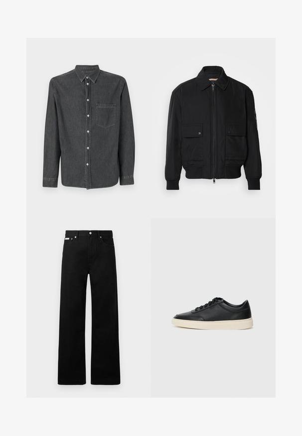 Schwarze Bomberjacke aus glattem, leichtem Stoff. Mit einem Reißverschluss vorne, zwei aufknöpfbaren Brusttaschen und gerippten Bündchen.; Graues Denim-Hemd mit langen Ärmeln, spitzem Kragen, Brusttasche und weißen Knöpfen. Weiche Textur mit leicht verblichenem Finish.; Schwarze Denim-Hose im weiten Bein-Design mit fünf Taschen und metallenen Knopfdetails. Glatte Textur, ohne sichtbare Muster.; Schwarzer niedriger Ledersneaker mit schwarzen Schnürsenkeln und cremefarbenem Sohlenrand, seitlich auf weißem Hintergrund dargestellt.