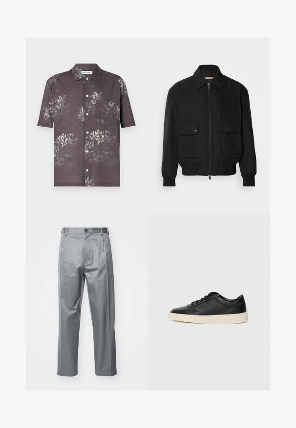 Must mustrakk musth kergestikuti kergemest kuduklett, kergete vestid valjase tormakate. Omab fasadi lukkumist, kahte nööbül pulsiv кофейня ning ribitud käiseid.; Lühikeste varrukatega tumehall särk, millel on heledamates toonides lilleline muster, nööbiga disain ja rinnaeendi tasku.; Hallitse hägatud puuvillasegused püksid, millel on sirge lõikega disain, ees nupuga kinnitus, vööde augud ja küljetaskud.; Mustad musta nahast madal sneaker mustade nööpidega ja kreemivalge tallaga, nähtud külgprofiilis valge tausta ees.