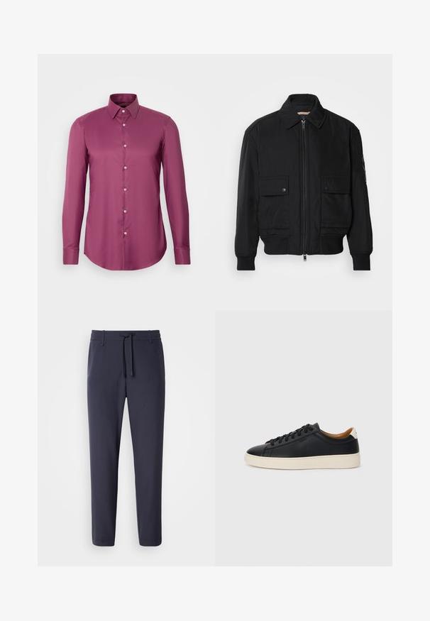 Črna bomberska jakna iz gladkega, lahkega materiala. Ima zadrgo spredaj, dva žepa na prsih s preklopom in rebraste manšete.; BOSS HANK KENT - Srajca - dark pink; Mornarske jogger hlače z elastičnim pasom in vrvico. Narejene iz gladkega materiala, imajo zožane noge in brez vidnih žepov.; Črne usnjene superge z gladko teksturo, bež gumijastim podplatom, zavezovalnim dizajnom in kontrastnim nagibom na peti.