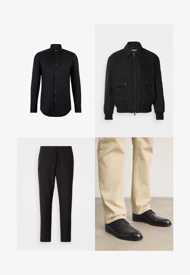 Černá bomber bunda vyrobená z hladkého, lehkého materiálu. Má zipový přední díl, dvě kapsy na hrudi s knoflíky a vroubkované manžety.; Černá košile s dlouhým rukávem vyrobená z hladkého materiálu, s špičatým límcem a knoflíky vpředu, s zaobleným lemem a bez vzorů nebo doplňků.; Černé teplákové kalhoty vyrobené z hladké látky. Mají elastický pas se šňůrkou, zúžené nohavice a žádné viditelné kapsy. Jednoduchý design.; Černé kožené šněrovací boty s kulatou špičkou, hladkým povrchem a jemnými švy, nošené s světlými béžovými kalhotami.