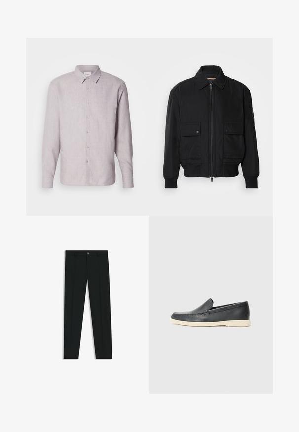 Czarna kurtka bombowiec wykonana z gładkiego, lekkiego materiału. Posiada zamek błyskawiczny z przodu, dwie kieszenie na piersi zapinane na guziki oraz ściągacze przy mankietach.; Jasnoszara lniana koszula z kołnierzykiem, długimi rękawami i zapięciem na guziki z przodu. Posiada subtelną fakturę oraz perłowe guziki wzdłuż listwy.; Czarne spodnie materiałowe z prostymi nogawkami, wykonane z gładkiego materiału. Posiadają zamek na guzik z przodu oraz szlufki na pasek. Gładkie, bez wzorów.; Czarne skórzane slip-ony w stylu loafers z teksturowanym wykończeniem i kontrastującą beżową gumową podeszwą. Posiadają delikatny akcent wzdłuż przodu.