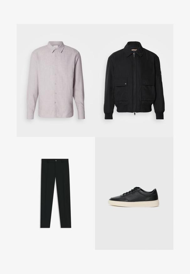 Zwarte bomberjack gemaakt van soepel, lichtgewicht materiaal. Voorzien van een ritssluiting aan de voorkant, twee knoopsluitingen op de borstzakken en geribbelde manchetten.; Lichtgrijze linnen overhemd met een kraag, lange mouwen en een knoopsluiting. Heeft een subtiele textuur en parelmoerachtige knopen langs de sluiting.; Zwarte dresspants met een recht pasvorm, gemaakt van een gladde stof. Heeft een sluiting met een knoop aan de voorkant en ceintuurlussen. Effen zonder patronen.; Zwarte leren sneaker met lage schacht, zwarte veters en off-white zool, weergegeven in zijprofiel op een witte achtergrond.