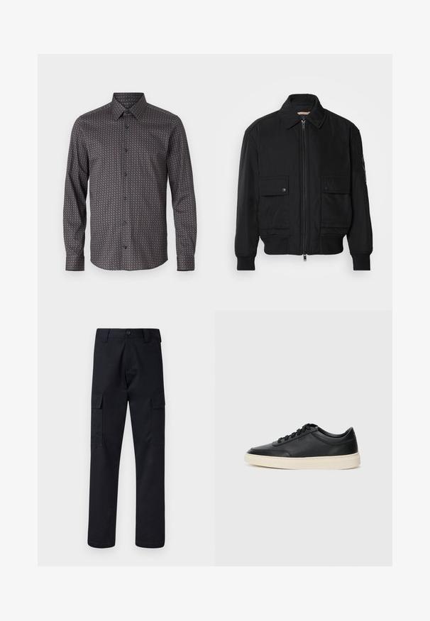 Fekete bomberdzseki sima, könnyű anyagból. Cipzáras elülső részével, két gombos mellzsebével és bordás mandzsettáival rendelkezik.; Sötétkék hosszúujjú ing, finom geometriai mintázattal világoskék és barna színben. Hagyományos gallérral és gombos záródással rendelkezik.; Fekete cargo nadrág, tartós anyagból készült, egyenes szárú fazonnal, két oldalsó zsebbel és gombos záródással a derékon.; Fekete, alacsony szárú bőrsneaker fekete fűzőkkel és törtfehér talppal, oldalnézetben, fehér háttér előtt.