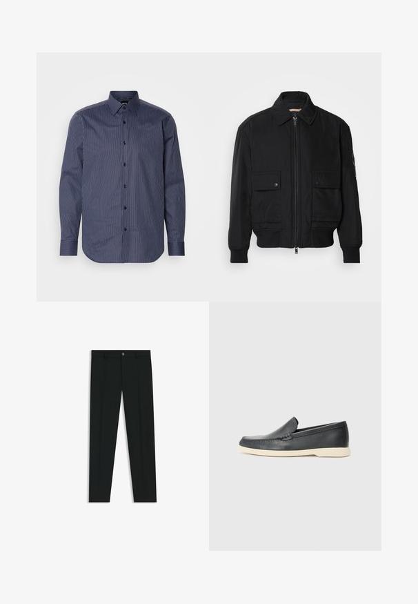 Zwarte bomberjack gemaakt van soepel, lichtgewicht materiaal. Voorzien van een ritssluiting aan de voorkant, twee knoopsluitingen op de borstzakken en geribbelde manchetten.; Marine gestreepte langwerpige shirt met een button-down kraag, een voorkant met knopen, en contrasterende verticale strepen met een gladde textuur.; Zwarte dresspants met een recht pasvorm, gemaakt van een gladde stof. Heeft een sluiting met een knoop aan de voorkant en ceintuurlussen. Effen zonder patronen.; Zwarte leren instappers met een gestructureerde afwerking en een contrasterende beige rubberen zool. Beschikt over een subtiele accent langs de voorkant.